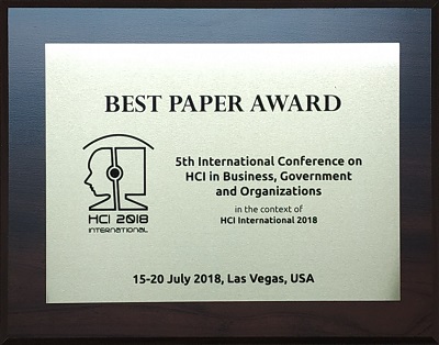 5th International Conference on HCI in Business, Government and Organizations Best Paper Award. Details in text following the image.