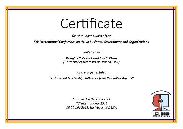 Certificate for best paper award of the 5th International Conference on HCI in Business, Government and Organizations. Details in text following the image