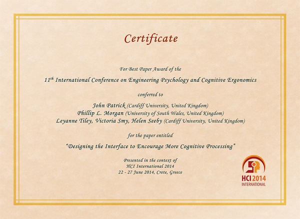 Certificate for best paper award of the 11th International Conference on Engineering Psychology and Cognitive Ergonomics. Details in text following the image