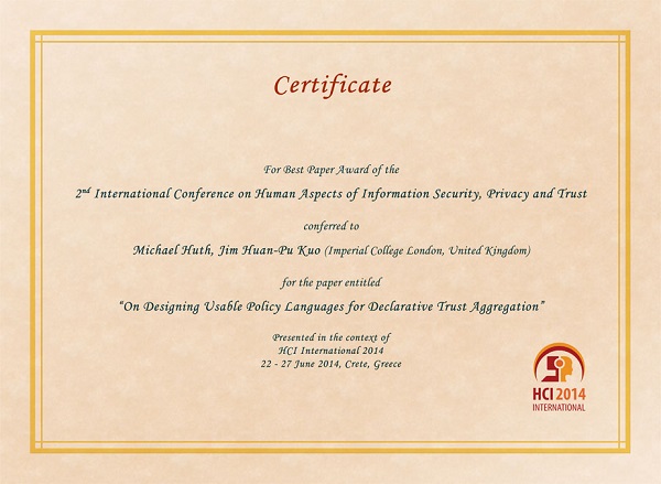 Certificate for best paper award of the 2nd International Conference on Human Aspects of Information Security, Privacy and Trust. Details in text following the image