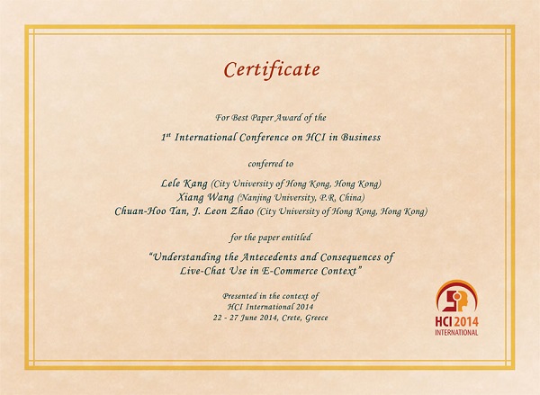 Certificate for best paper award of the 1st International Conference on HCI in Business. Details in text following the image