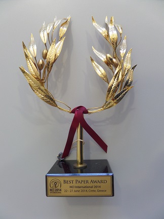 Best Paper Award, HCI International 2014, 22-27 June 2014, Crete, Greece. Details in text following the image.